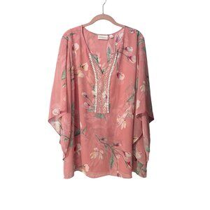Belle By Kim Gravel Pink Floral Chiffon Tunic Embroidered Details Flowy  2X